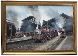Original painting of Midland Railway locomotives 1, 110 and 483 about to depart Derby by George