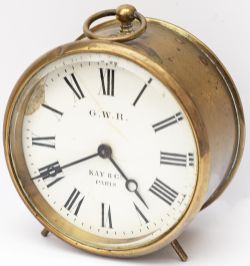 Great Western Railway brass drum clock with original enamel dial GWR KAY & CO PARIS. Stamped 3398 on