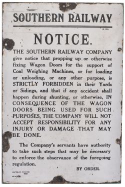 Southern Railway enamel sign re PROPPING UP WAGON DOORS etc WATERLOO STATION 1925. In very good