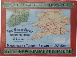 GWR Pictorial Enamel Map TO IRELAND BY THE NEW FISHGUARD ROUTE GREAT WESTERN RAILWAY SHORTEST SEA