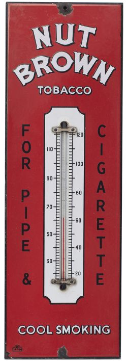 Advertising enamel sign with thermometer NUT BROWN TOBACCO FOR PIPE AND CIGARETTE COOL SMOKING. In