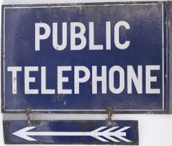 Post Office enamel sign PUBLIC TELEPHONE with separate enamel arrow. Double sided, both sides in