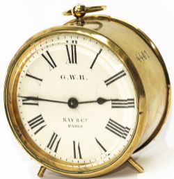 GWR brass drum clock with original enamel dial GWR KAY & CO PARIS. Stamped 4401 on the case, back