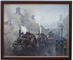 Original painting by Malcolm Root of two Charles Burrell Steam haulage road locomotives owned by