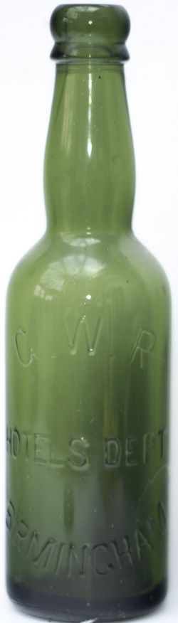 GWR Hotels Department Birmingham Green glass Beer Bottle, stands 9 inches tall and is very good