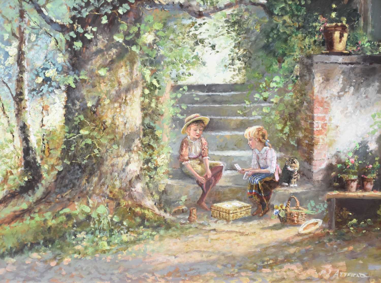 Paul Attfield (20th Century) Children playing cards on the garden steps