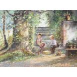 Paul Attfield (20th Century) Children playing cards on the garden steps