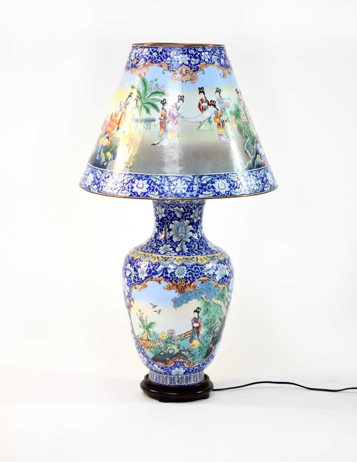 A Chinese enamelled table lamp and shade, 20th century