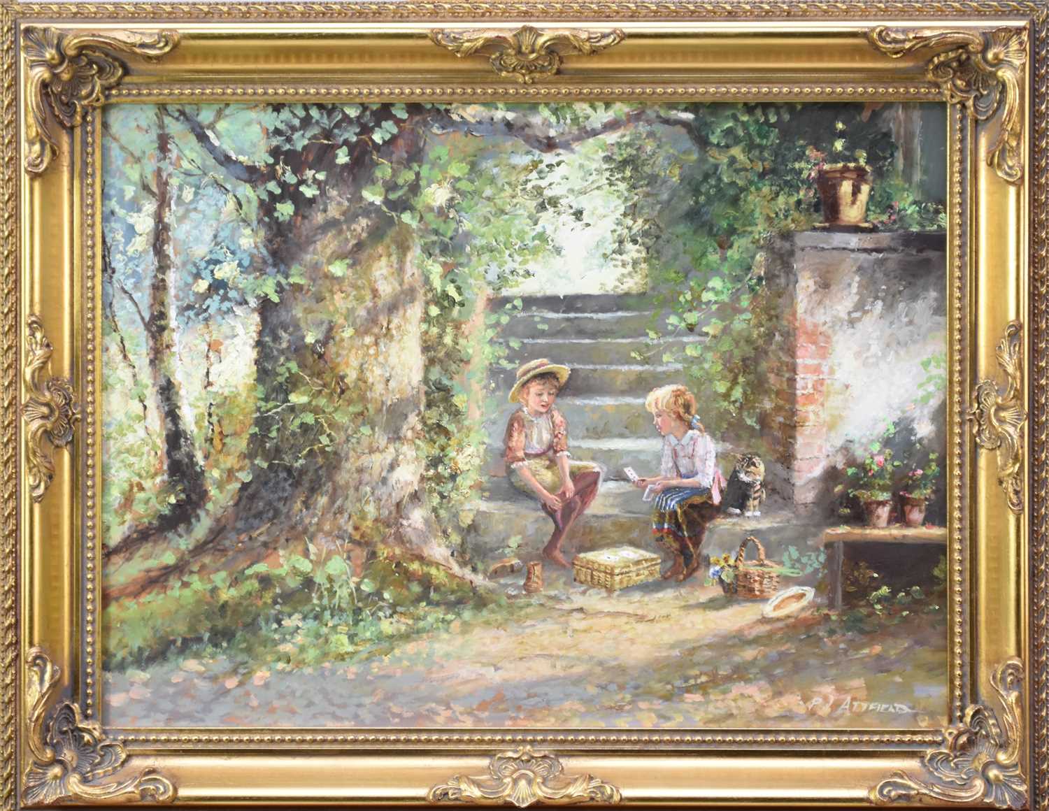 Paul Attfield (20th Century) Children playing cards on the garden steps - Image 2 of 2