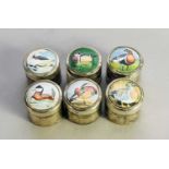 A limited edition cased set of six 'Wildfowl' enamelled silver boxes