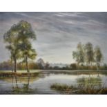 Thomas Kennedy (British, 1900-1981), lake scene near Chingford, oil, 51cm x 65cm