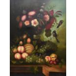 S Simona (20th Century) Large Still Life of Fruits and Flowers with Songbirds