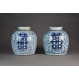 A pair of Chinese blue and white jars and covers, 19th century