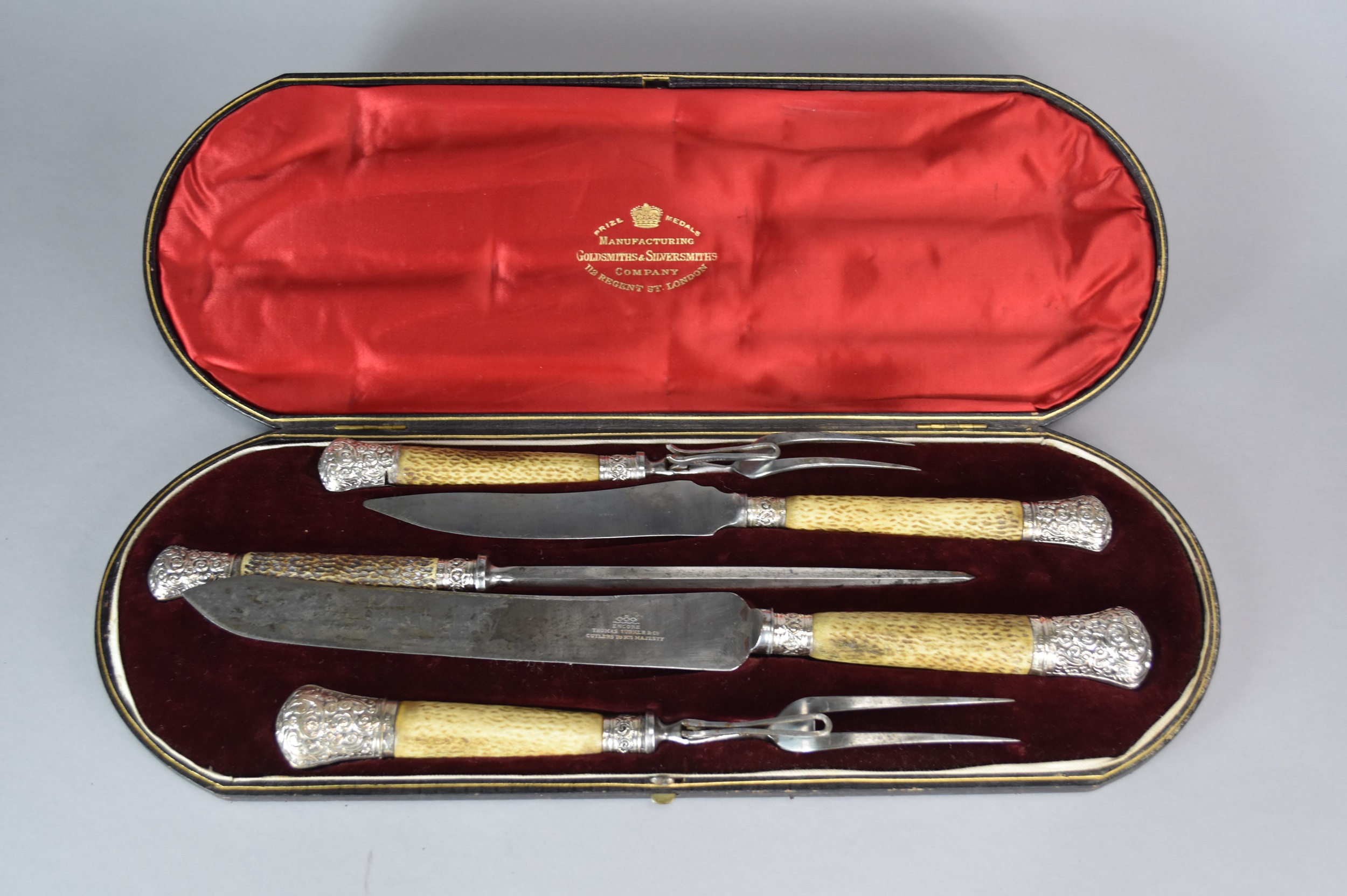 A Victorian cased silver mounted antler five piece carving set