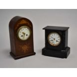 An Edwardian inlaid mantel clock and a French slate clock