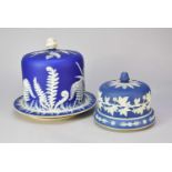 Two Staffordshire blue and white jasperware cheese domes