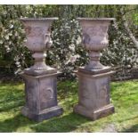 A good and impressive pair of cast iron campana urns and pedestals