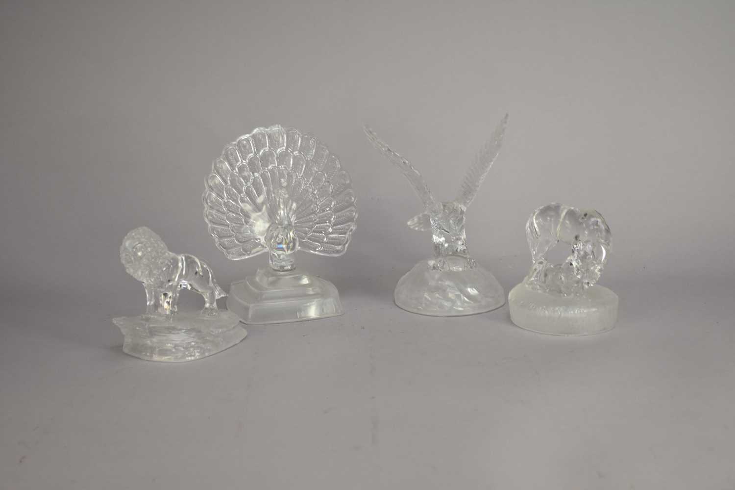French Cristal D'Arques models of a peacock, a lion, eagle and a mare with foal