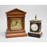 A late 19th century French marble and slate mantel clock, by Duverdrey and another oak clock