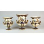 A garniture of three Derby porcelain vases, circa 1820