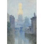 Ernest William Haslehurst (1866-1949) Bruges Canal Scene with Belfry Tower at Dusk