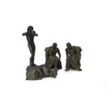 A late 19th century patinated bronze figure of a faun and a pair of classical figures and a goat (4)