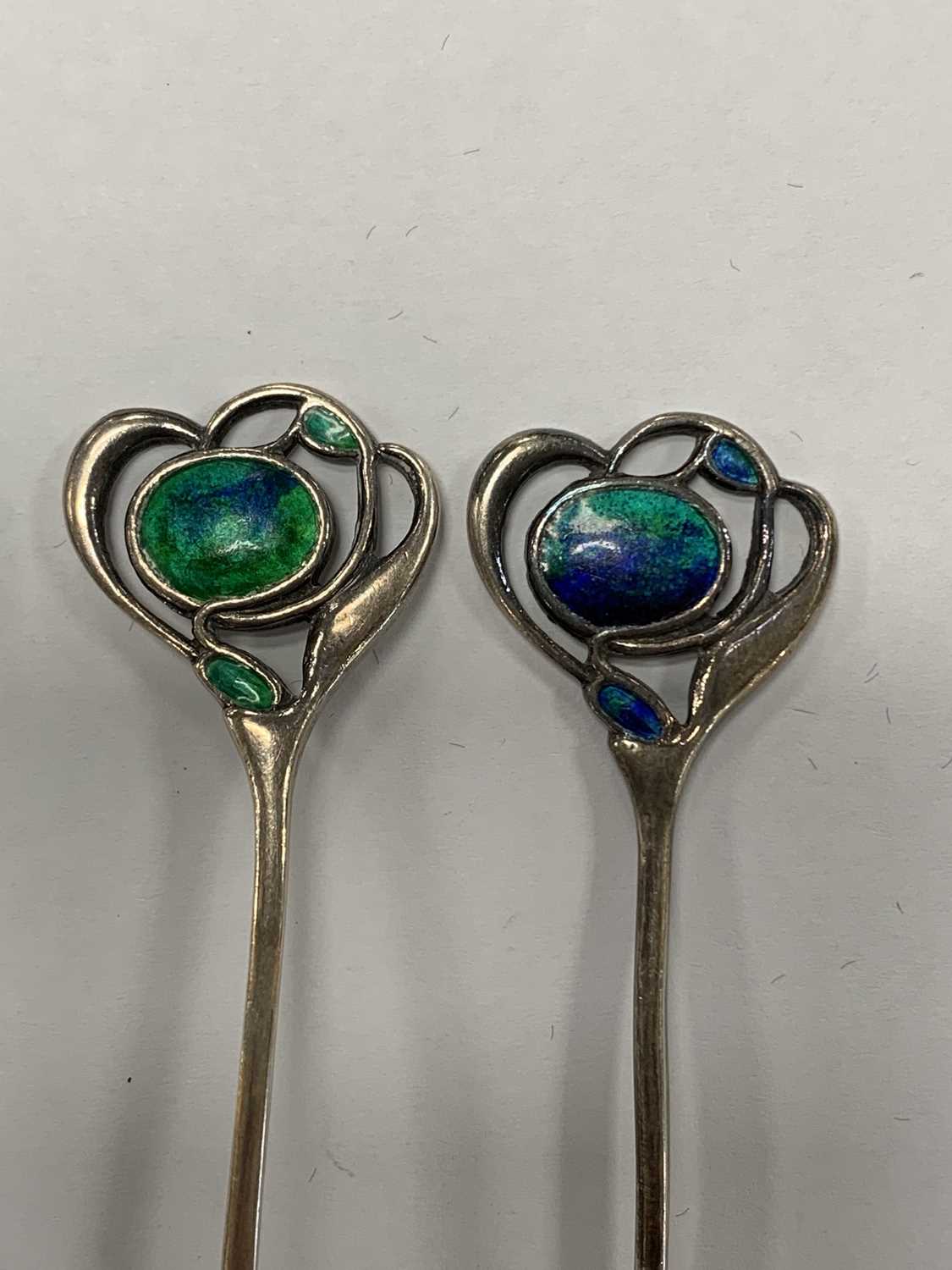 A cased set of Liberty & Co Art Nouveau silver and enamel teaspoons - Image 10 of 13