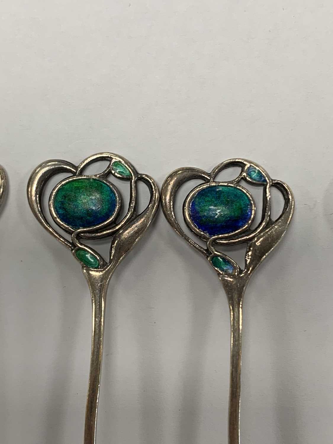 A cased set of Liberty & Co Art Nouveau silver and enamel teaspoons - Image 8 of 13