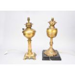 Two early 20th century converted brass oil lamps