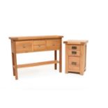 A modern light oak hall table and a similar small cabinet