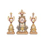 A French ormolu and porcelain clock garniture