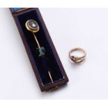 A 9ct gold pearl and sapphire snake ring and a stick pin