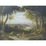 Follower of George Barrett Jnr (1767-1842) A wooded lake landscape with Drover