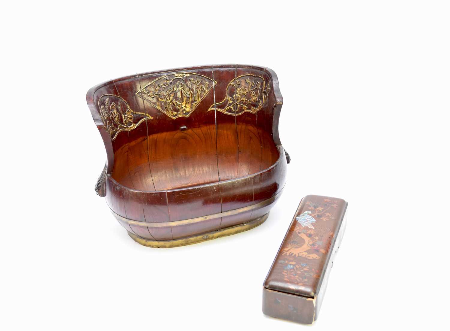 A Chinese lacquered bamboo basket and a Japanese lacquer box