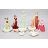 Royal Worcester and Coalport ladies together with Royal Doulton character jugs