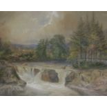 English School, circa 1880, A Welsh river landscape with figures