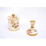 Royal Worcester blush ivory jar and cover and a candlestick