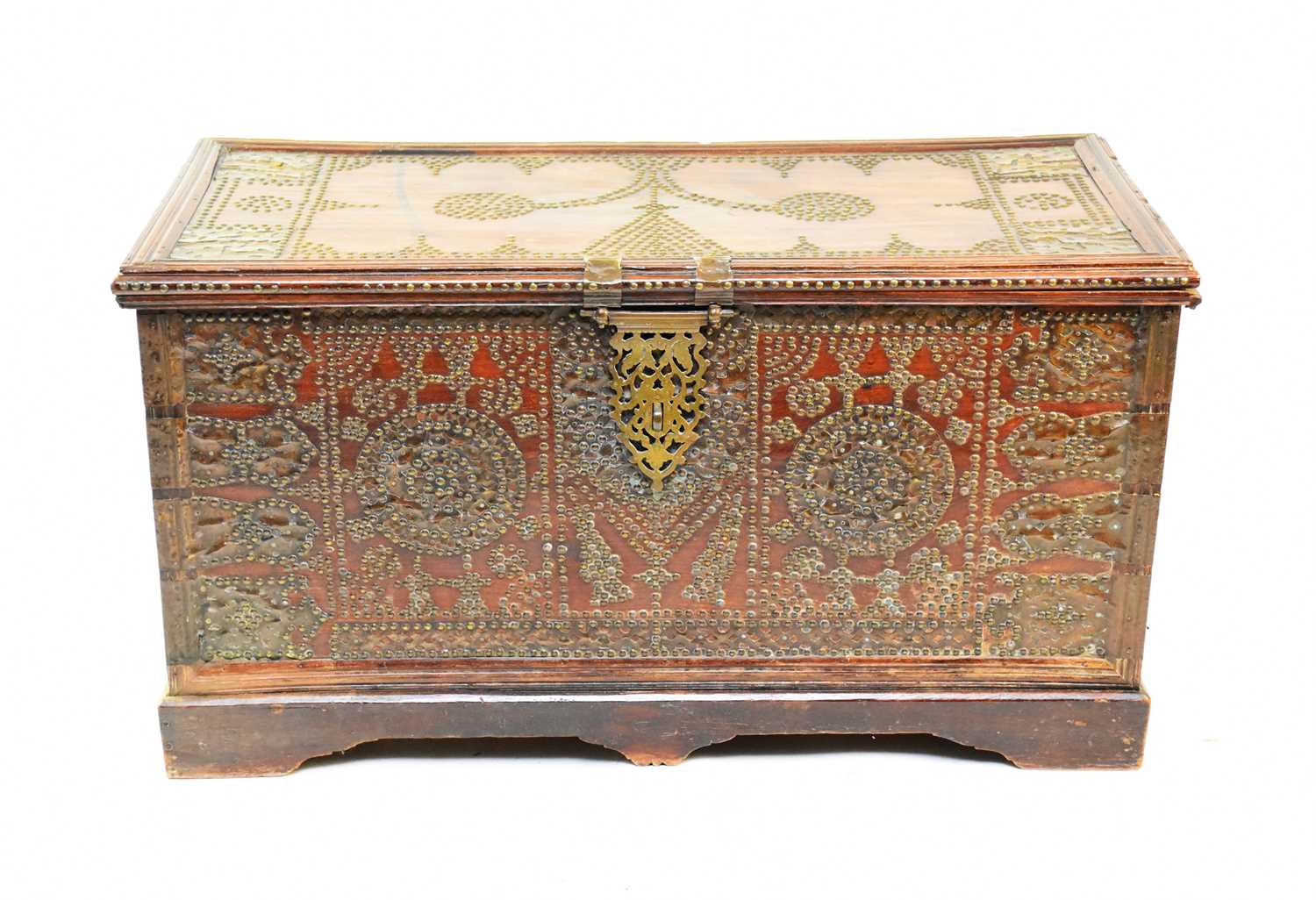 A 20th century Middle-Eastern brass studded and bound hard-wood chest