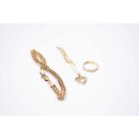 A 9ct gold bracelet, ring and pendant on chain