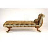 An Empire style chaise longue with leopard print upholstery, together with an associated stool