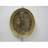 A Georgian Oval embroidered picture depicting figures at Harvest- time, 29.5 x 23.1 cm