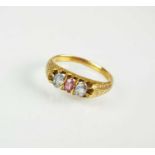 A 19th century three stone sapphire and ruby ring