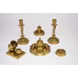 Of marine interest:- A good Victorian lacquered brass desk set, with a similar match striker (6)