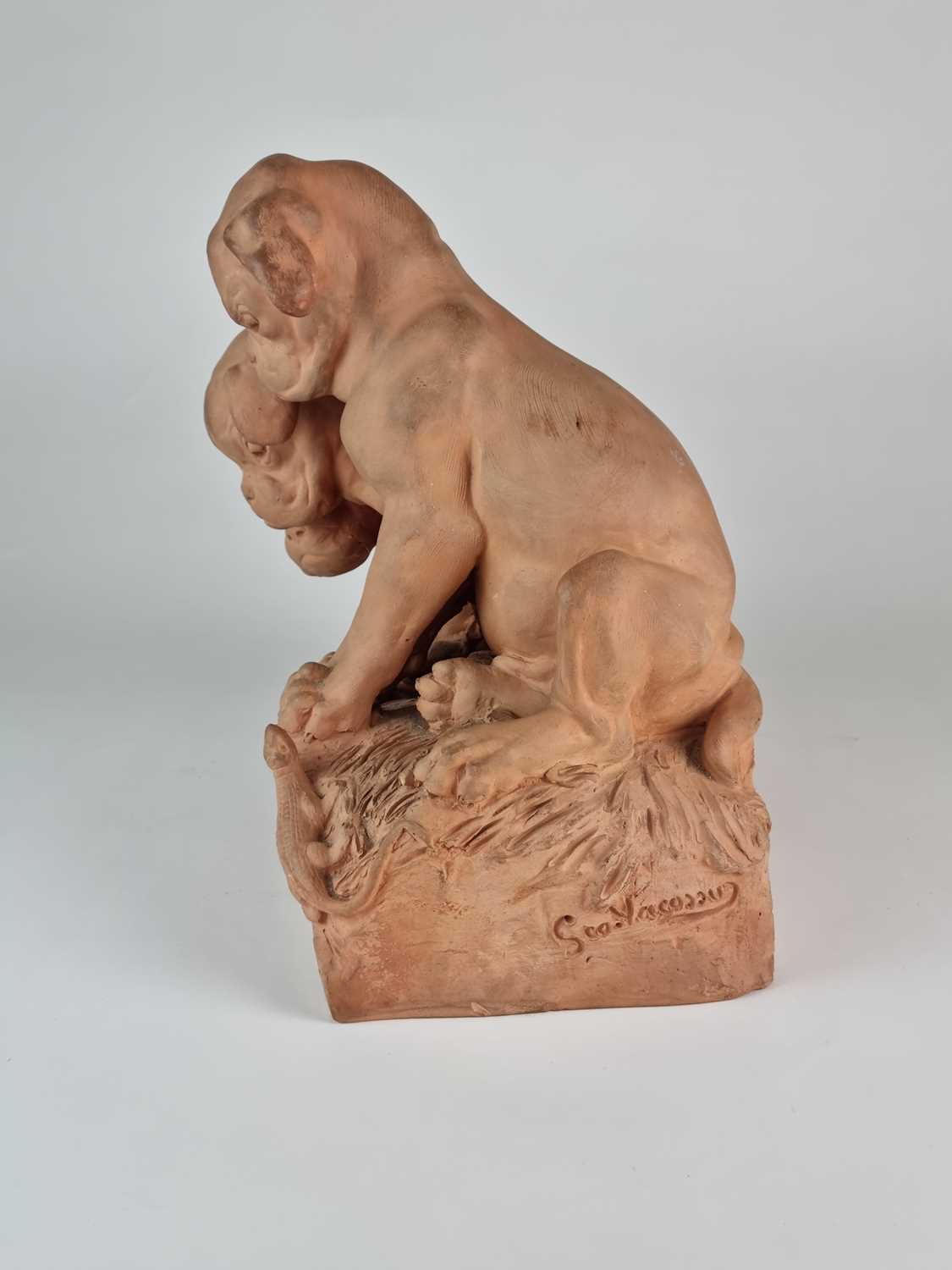 French terracotta group of three pug dog puppies looking at lizard, after Georges Lucien Vacossin - Image 2 of 5