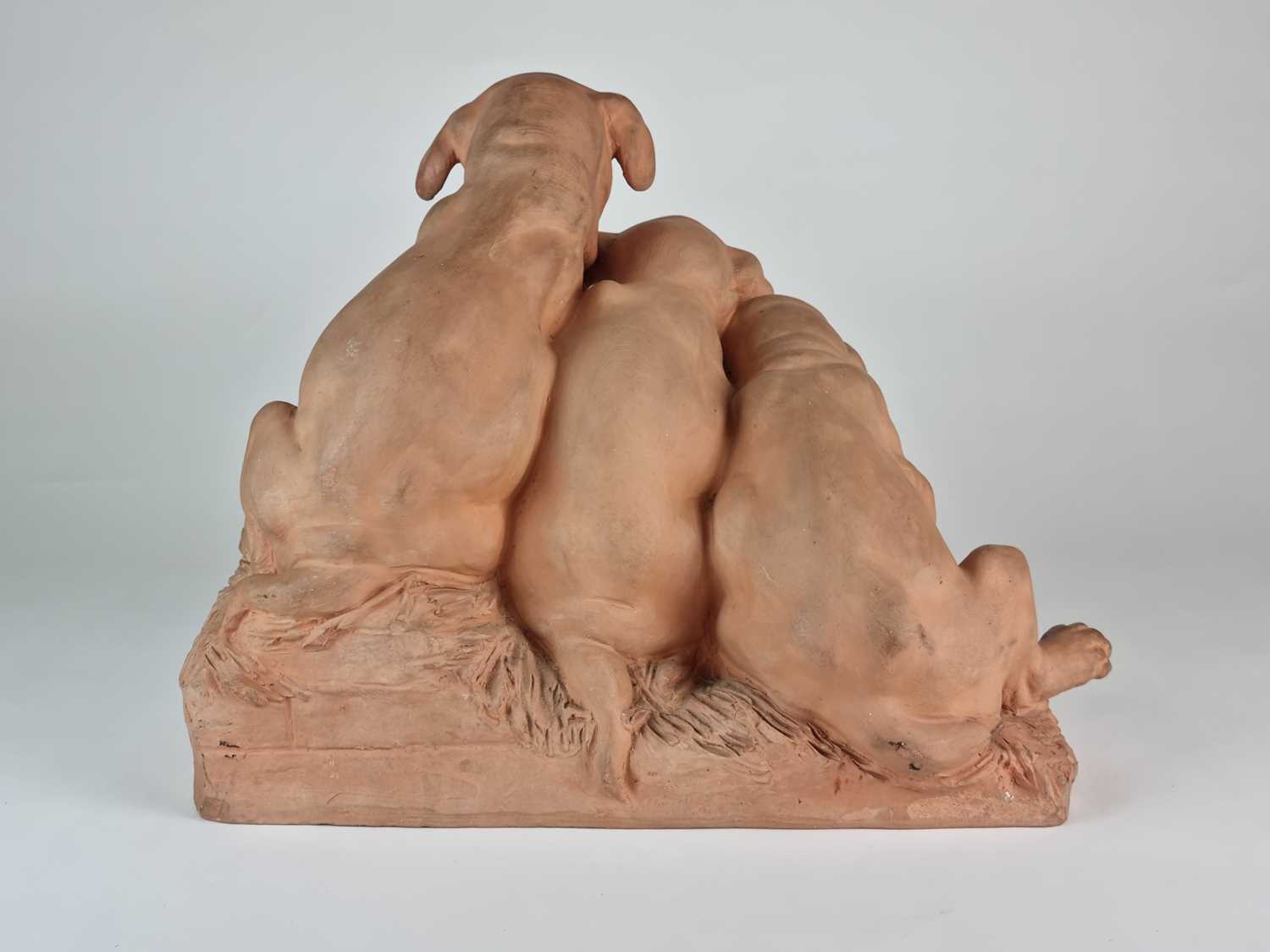 French terracotta group of three pug dog puppies looking at lizard, after Georges Lucien Vacossin - Image 4 of 5