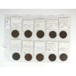 A collection ten United Kingdom 18th century copper halfpenny trade tokens