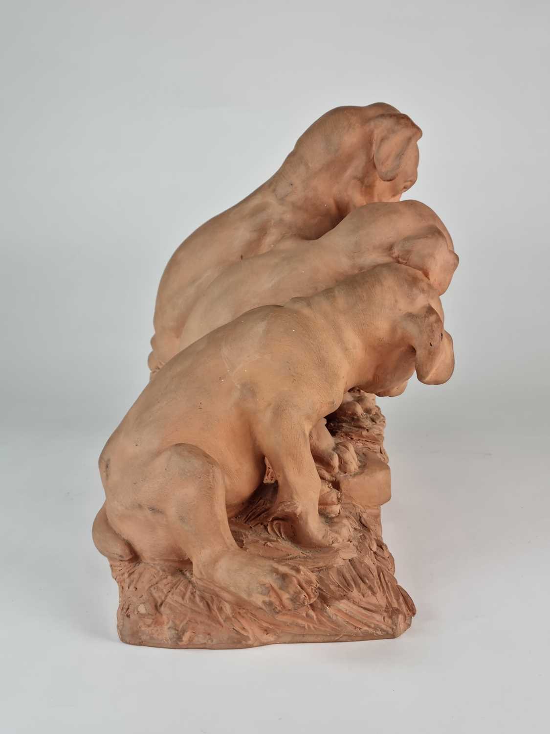 French terracotta group of three pug dog puppies looking at lizard, after Georges Lucien Vacossin - Image 5 of 5