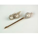A pair of cultured pearl and diamond earrings with matching brooch