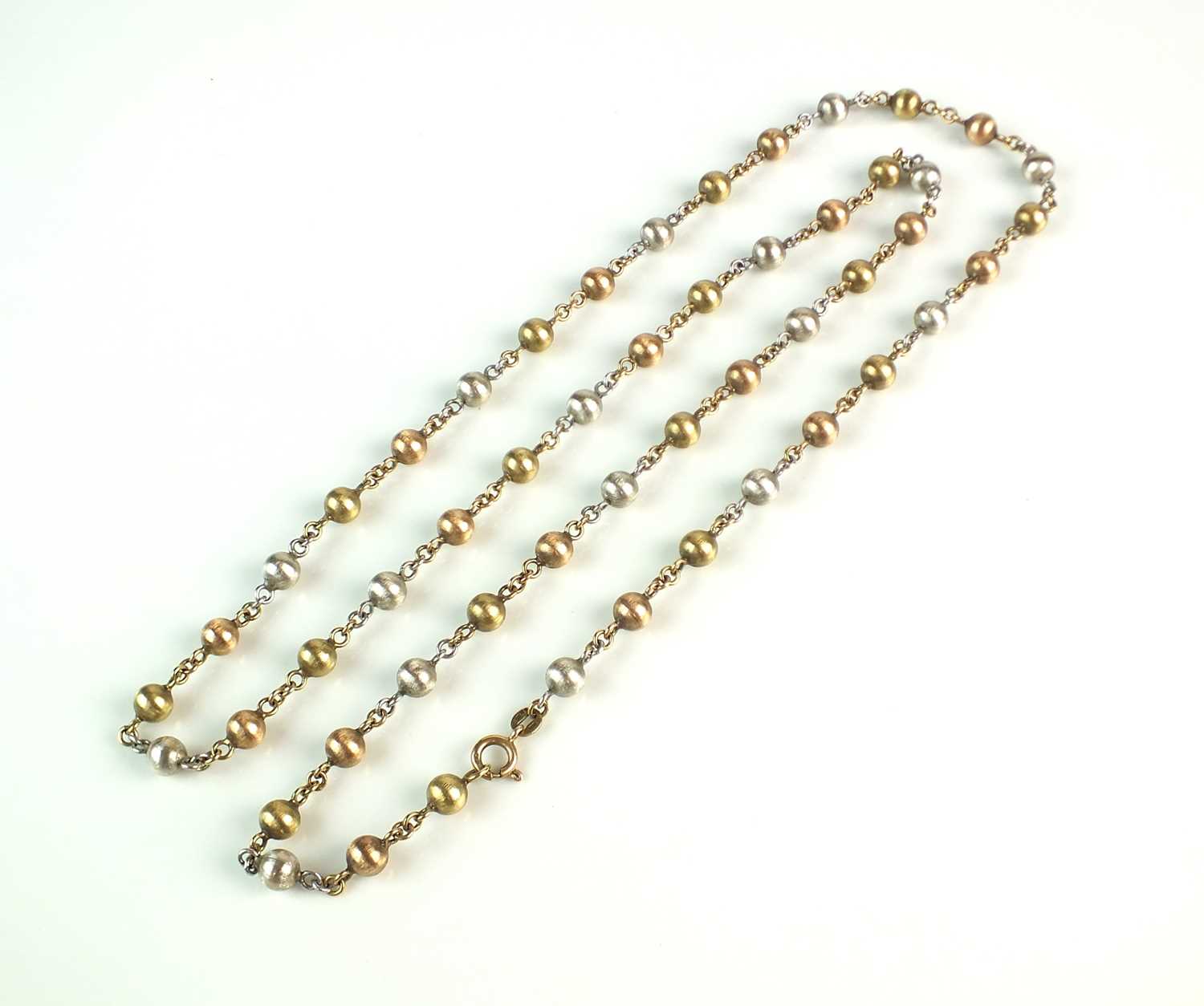 A tri-coloured 9ct gold bead chain necklace