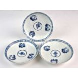 Three Lowestoft blue and white saucers, circa 1764-66